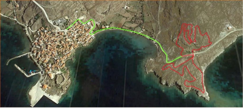 Map showing the MTB race route in Sigri, Lesvos. The green line marks the path from the village to the Petrified Forest, while the red line outlines the loop inside the park.